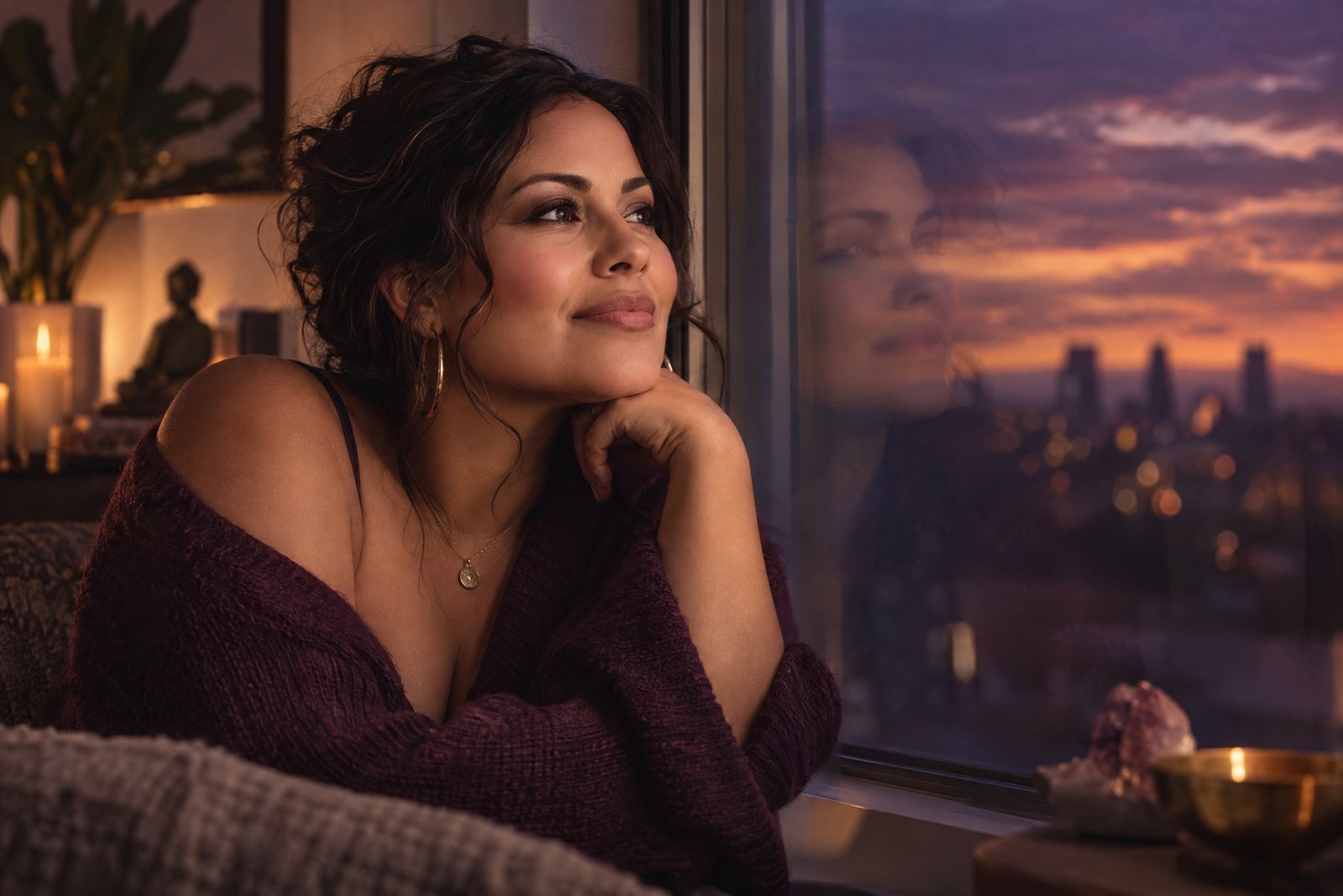 Mujer reflexionando junto a una ventana al atardecer