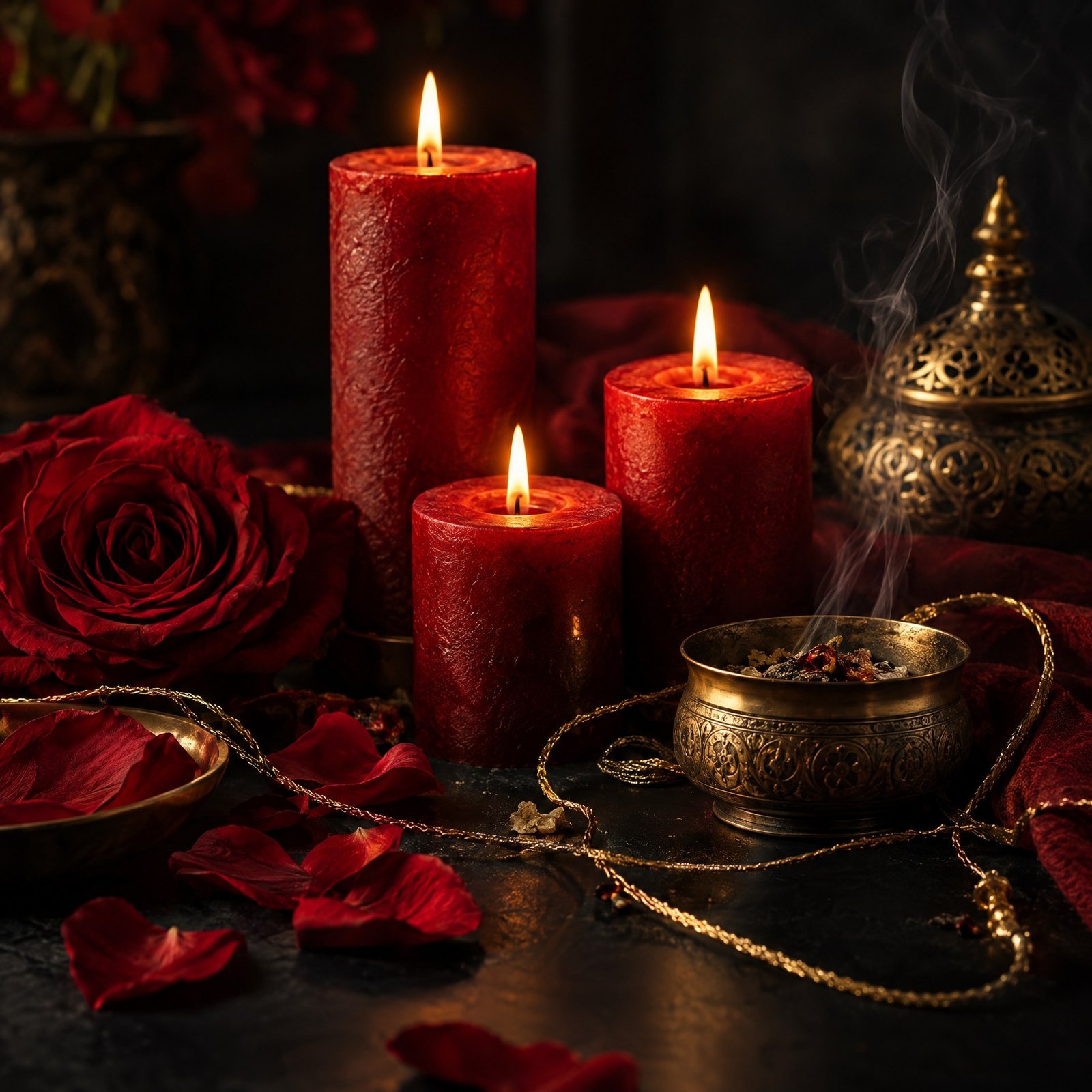 Velas rojas encendidas sobre una superficie oscura